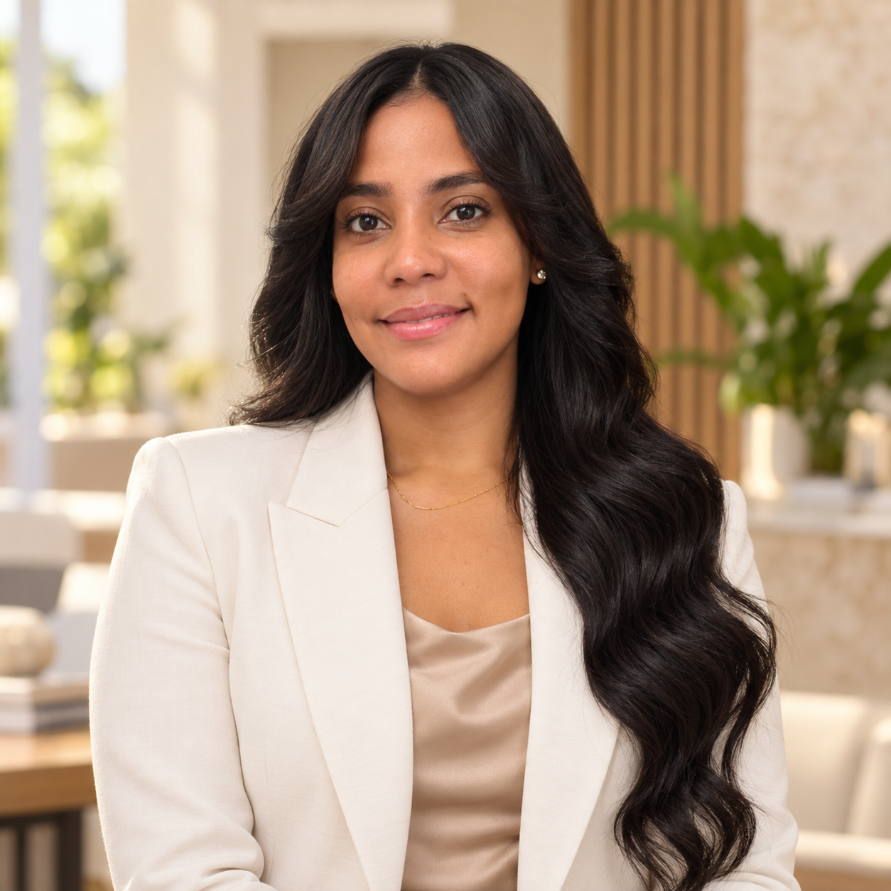 Portrait of Cris Sanchez, Pérez Real Estate agent leader, wearing an ivory jacket