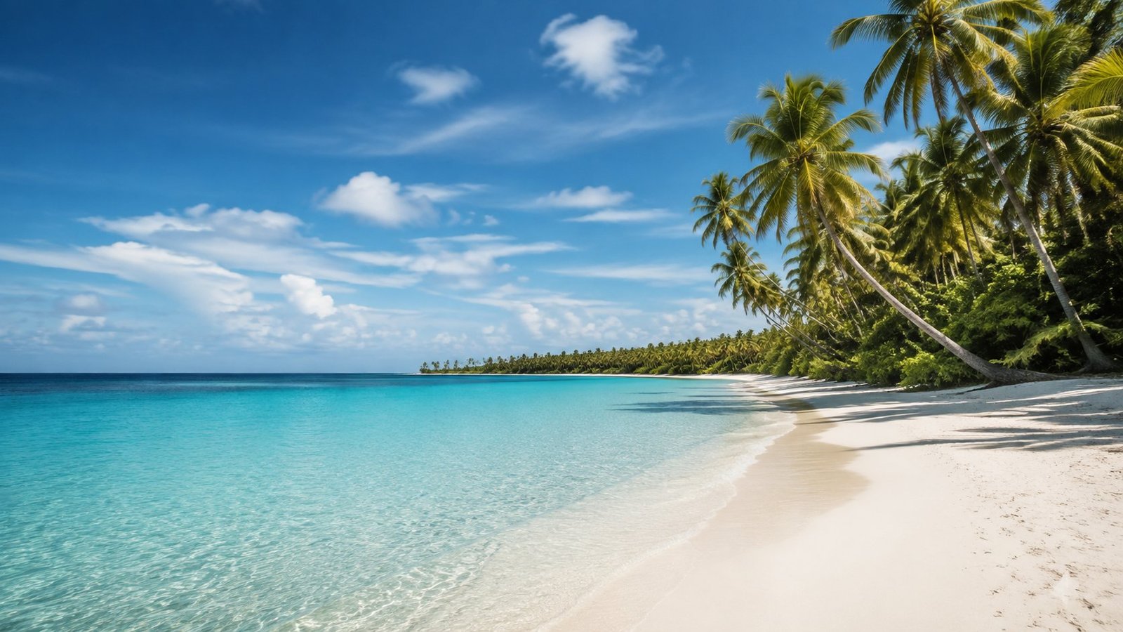 Playa de arena blanca, cocoteros y mar turquesa — ilustración