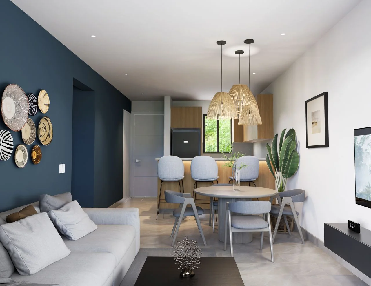 Living area and kitchen